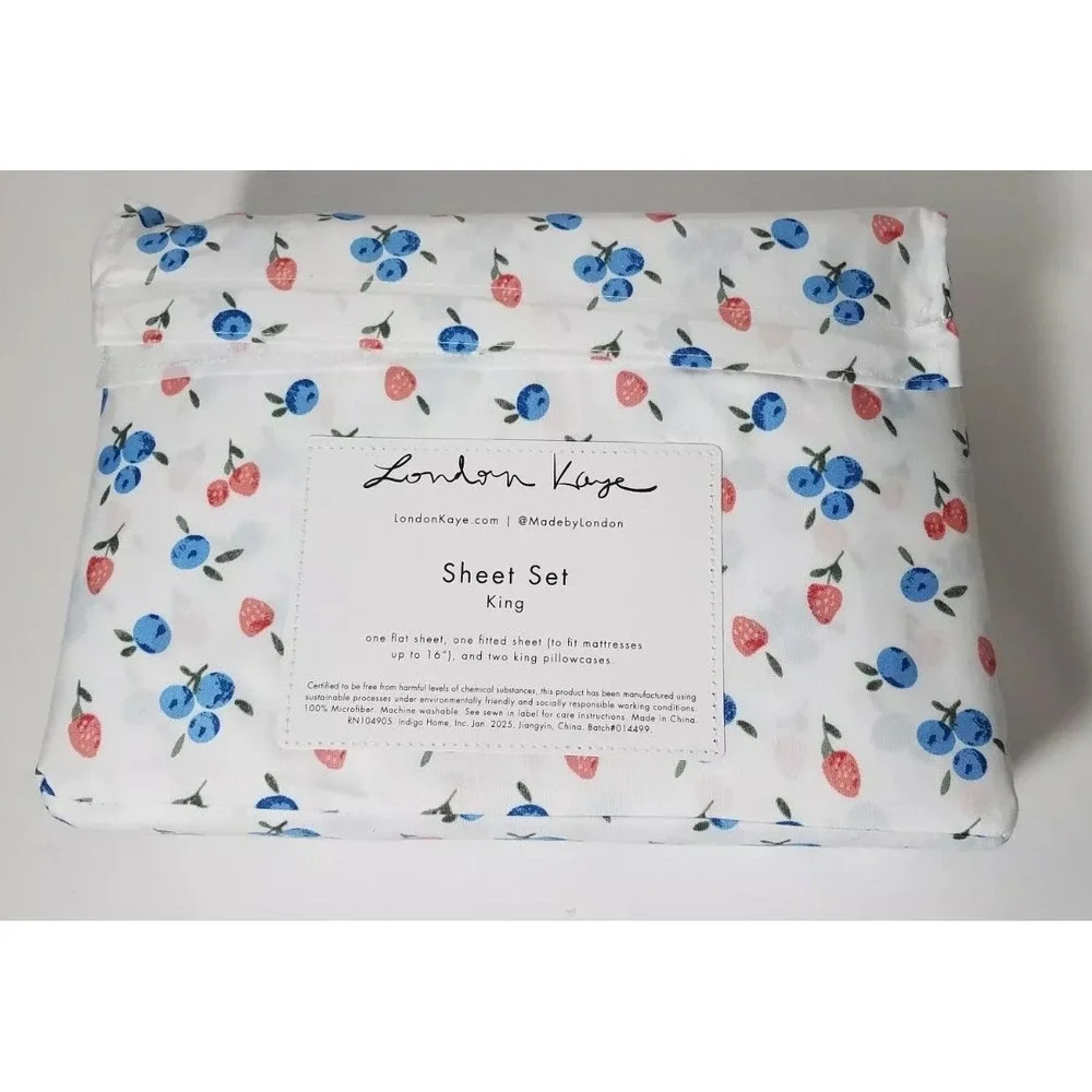 London Kaye KING Size Sheet Set‎ Strawberry Blueberry Spring Time Fun NEW